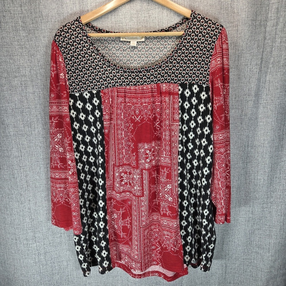 Weekend by Suzanne Betro Women's Blouse Large Geometric 3/4‎ Sleeve Boho Top